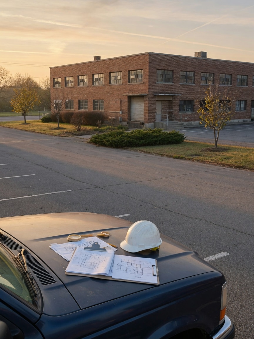 First site visit: drawings and a hardhat on a truck hood in front of a commercial building