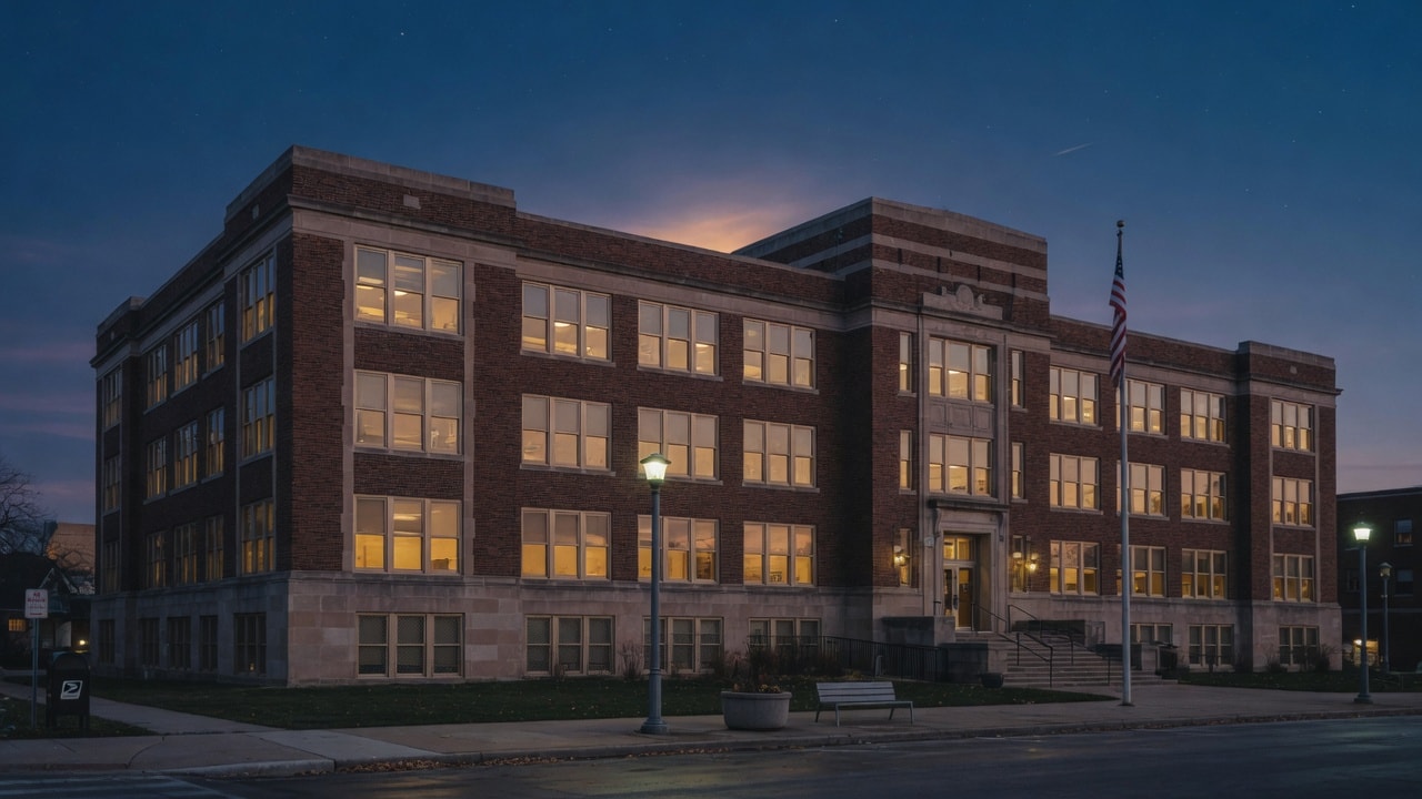 Brick civic building at blue hour — public-sector construction