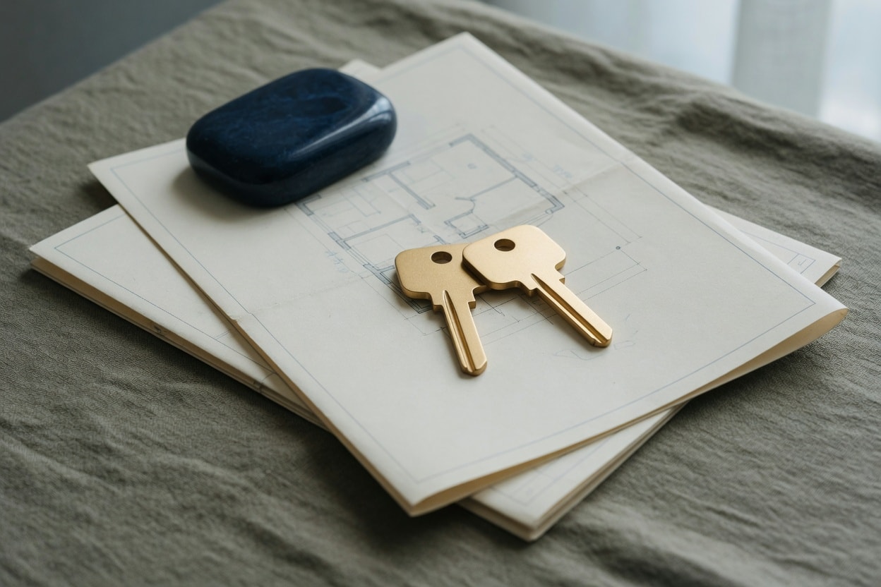 Two gold keys on construction drawings — the Keyz 2 promise, turnkey