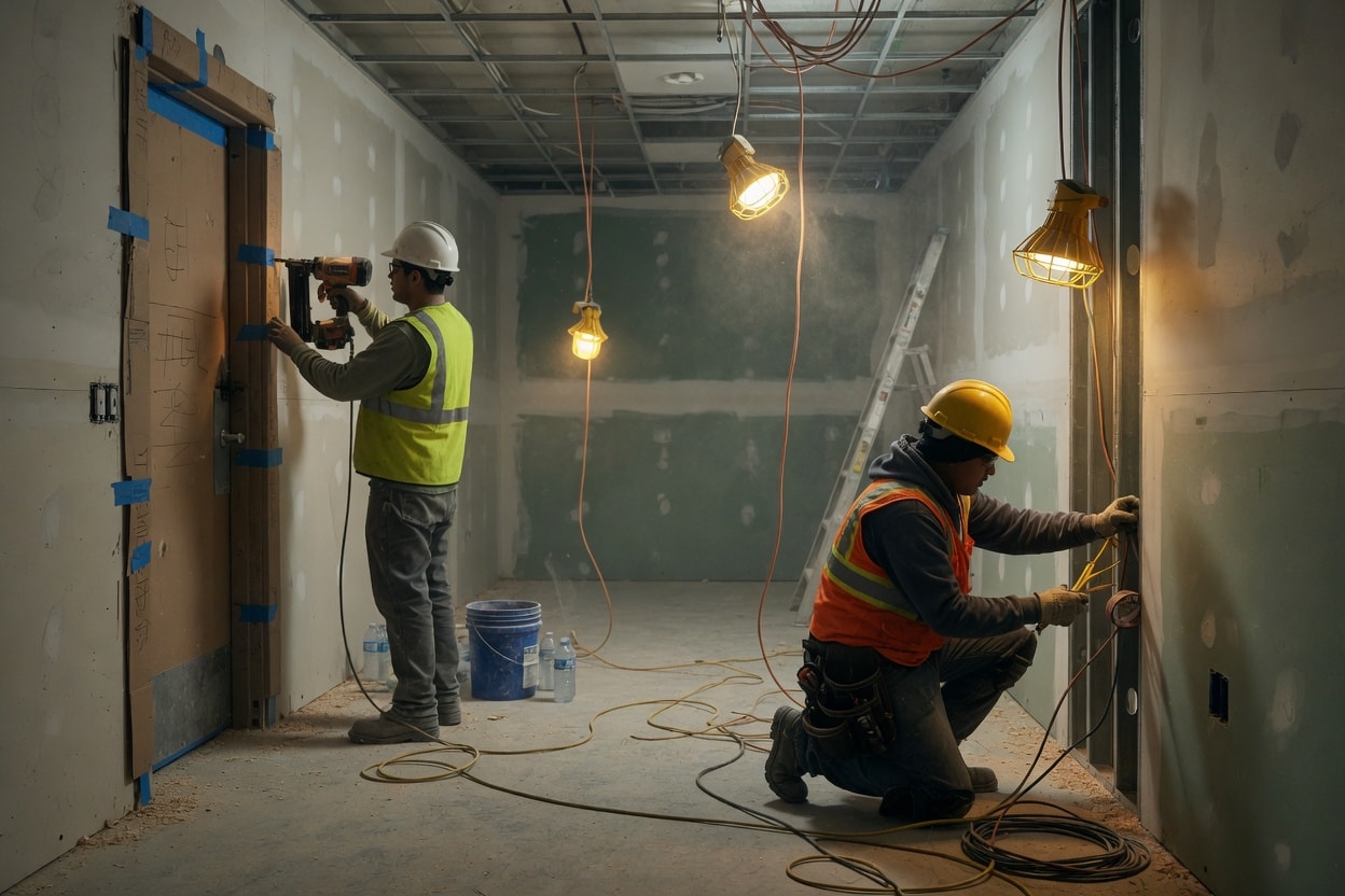 Carpenter and electrician working a commercial interior under gold work lights